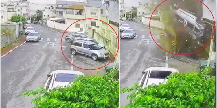 clipe-de-groaza-pe-strazile-din-israel.-momentul-cand-o-masina-explodeaza-in-timpul-celor-7-raiduri-ale-fortelor-iraniene