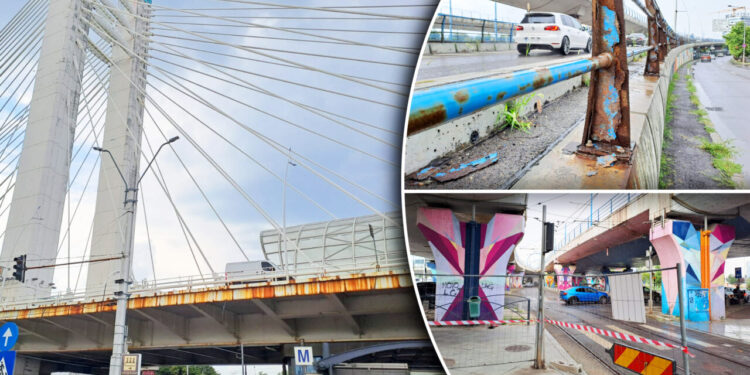 bucuresti,-in-santier-episodul-2-cum-se-lucreaza-la-pasajul-basarab-dispar-desenele-de-pe-stalpi,-dar-rugina-inca-mai-curge-de-pe-pod.-mai-e-foarte-mult-de-lucru-la-constructia-inceputa-de-basescu,-finalizata-de-oprescu-si-lasata-in-paragina-de-nicusor