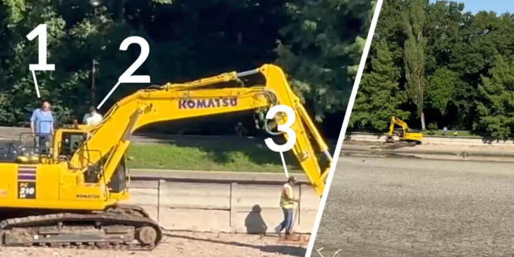 dorele,-mai-muncim-si-noi?-desfasurare-de-forte-in-cuva-lacului-herastrau,-unde-se-lucreaza-cuun-excavator-si-trei-meseriasi.-cand-va-fi-iar-apa?
