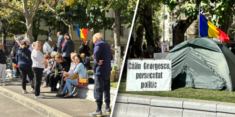 a-iesit-soarele-pe-strada-georgescu-sustinatorii-lui-calin-georgescu-se-odihnesc-si-se-bucura-de-vremea-frumoasa,-dupa-trei-zile-si-trei-nopti-in-fata-beciului-domnesc.-singurul-cort-ramane-la-datorie